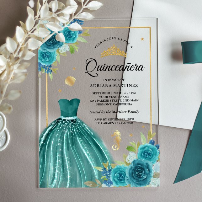 Invitations En Acrylique Sous la mer Robe Turquoise Sirène or Quinceanera (Créateur téléchargé)