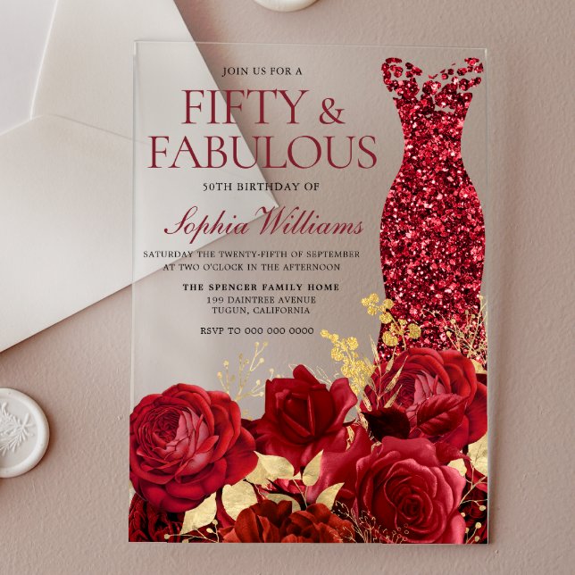Invitations En Acrylique Sparkle Red Dress Roses Gold Leaf 50th Birthday (Créateur téléchargé)