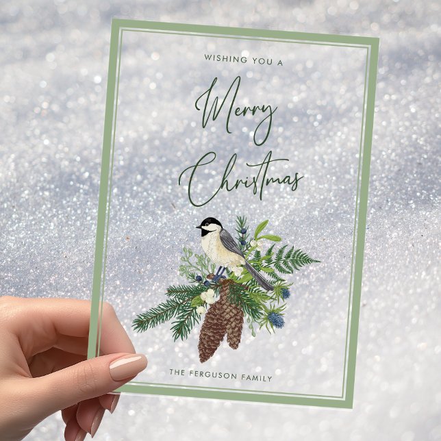 Invitations En Acrylique Spray Rustique d'hiver Oiseau et pin Photo Noël (Rustic Winter Bird & Pine Spray Acrylic Christmas Holiday Card)
