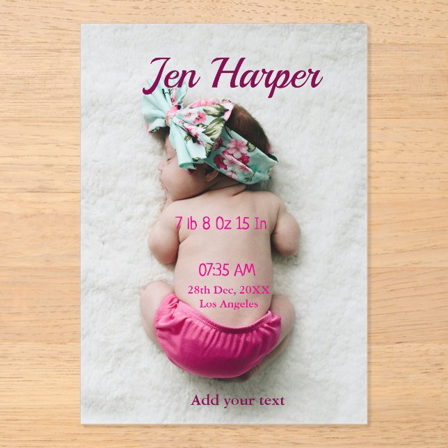 Invitations En Acrylique Statistiques de naissance de bébé ajoutent un nom  (Recto)