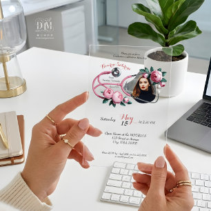 Invitations En Acrylique Stéthoscope Fleurs Modernes Roses Roses Pink pour