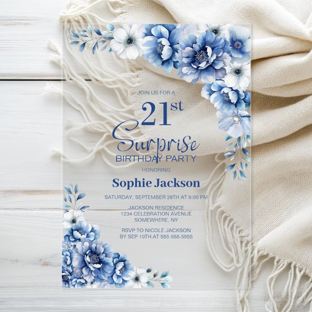 Invitations En Acrylique Style Blue Floral Surprise 21e fête d'anniversaire (Créateur téléchargé)