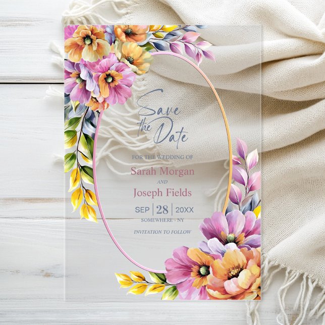 Invitations En Acrylique Stylish Pink and Orange Floral Save The Date (Créateur téléchargé)