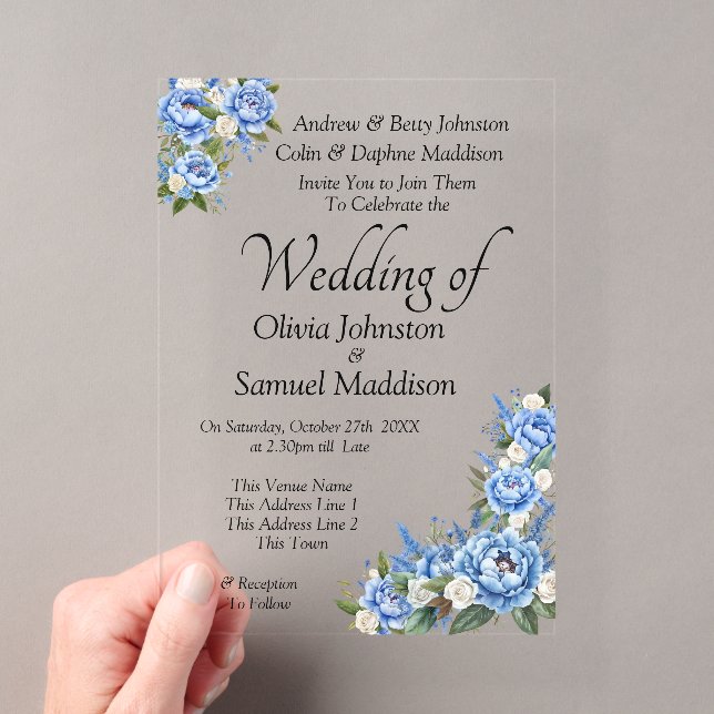 Invitations En Acrylique Suite de mariage Blue Peony sur fond bleu  (In situ (ordinateur de poche))