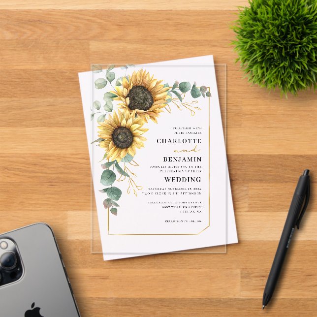 Invitations En Acrylique Sunflower florale Mariage élégant (Insitu (Carte d'invitation))