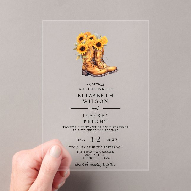 Invitations En Acrylique Sunflowers Cowboy Boots Barre Bois Mariage de l'Ou (In situ (ordinateur de poche))