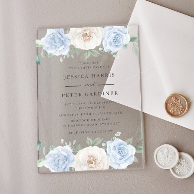 Invitations En Acrylique Superbe tendance Mariage Floral Bleu (Créateur téléchargé)