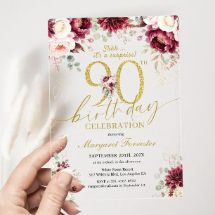 Invitations En Acrylique Surprise 90e Anniversaire Bourgogne Rose Florale O