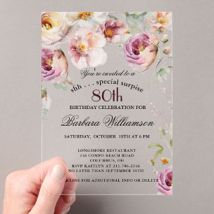 Invitations En Acrylique SURPRISE Élégante Fleur Sauvage Rose 80e Anniversa