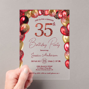 Invitations En Acrylique Surprise Fête d'anniversaire 35 ans Paillettes Or