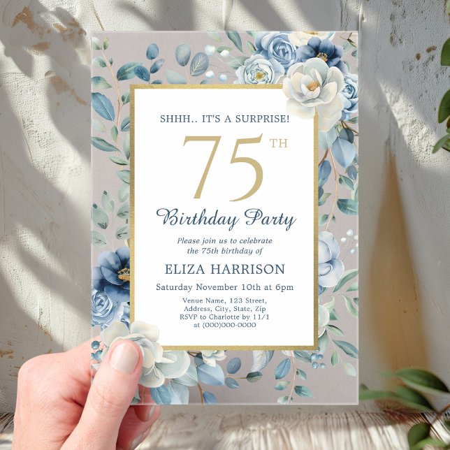Invitations En Acrylique Surprise Floral Bleu Poussiéreux 75e Anniversaire  (Créateur téléchargé)