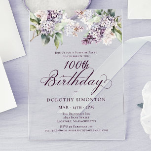 Invitations En Acrylique SURPRISE PARTY 100e anniversaire Purple Lilac Flor