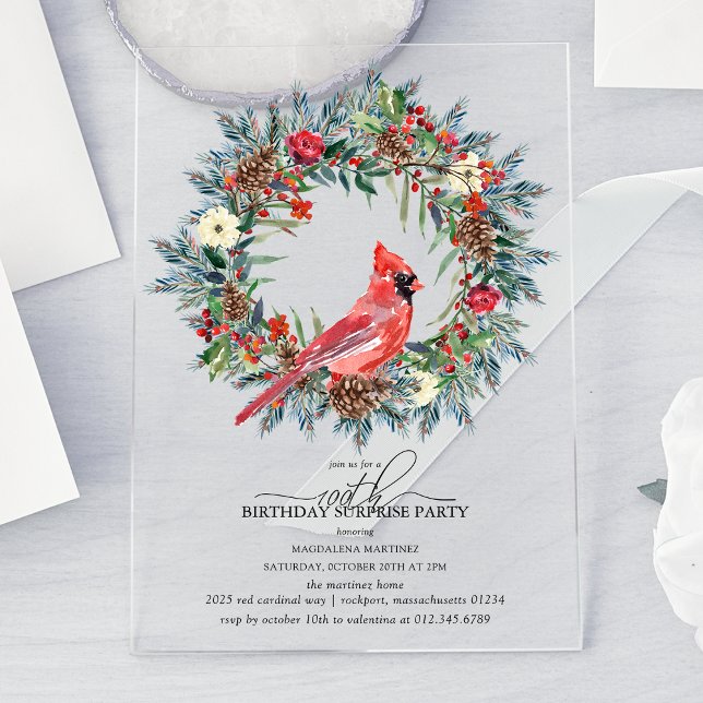 Invitations En Acrylique SURPRISE PARTY 100th Birthday Cardinal Wreath (Créateur téléchargé)