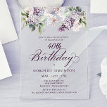 Invitations En Acrylique SURPRISE PARTY 40e anniversaire Purple Lilac Flora<br><div class="desc">Des lilas mauve à l'aquarelle douce créent une jolie invitation à la fête d'anniversaire surprise du printemps. La typographie ajoute une esthétique élégante. Il fait partie de la collection Purple Spring Lilac Flower. Il vous permet de choisir un thème puis de créer facilement une suite d'invitation unique, des panneaux d'accueil...</div>
