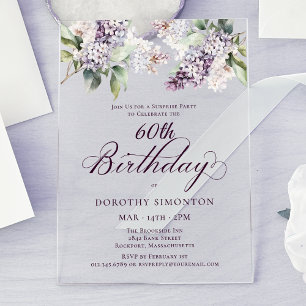 Invitations En Acrylique SURPRISE PARTY 60e anniversaire Purple Lilac Flora
