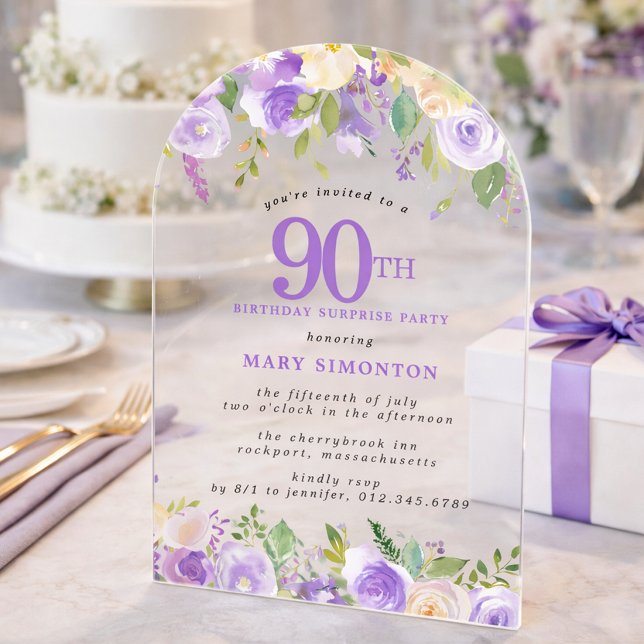 Invitations En Acrylique SURPRISE PARTY 90th Birthday Purple Floral Clear (Créateur téléchargé)