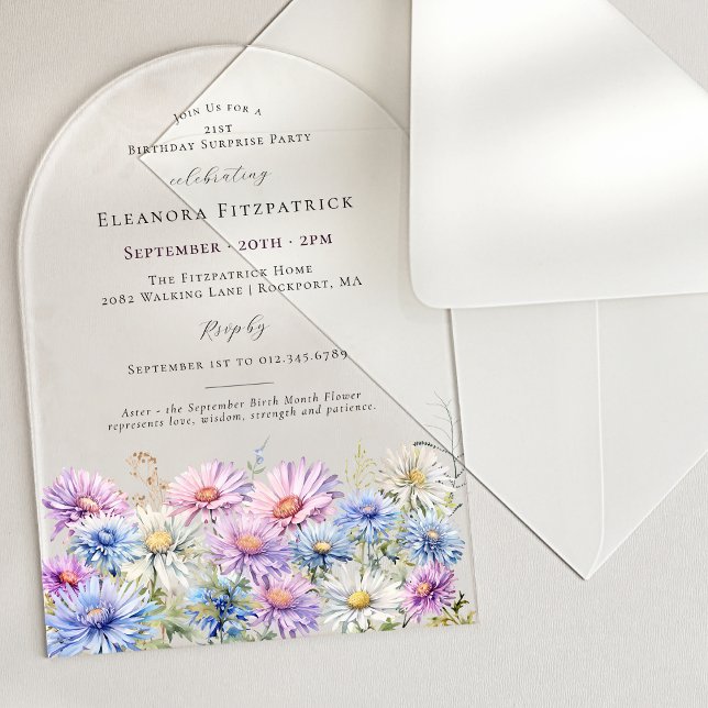 Invitations En Acrylique SURPRISE PARTY ARCH 21 September Birth Flower (Créateur téléchargé)