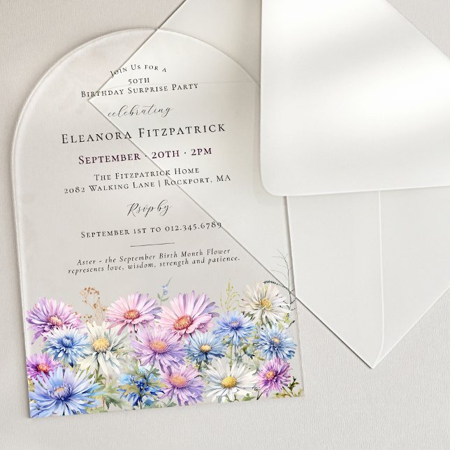 Invitations En Acrylique SURPRISE PARTY ARCH 50 September Birth Flower (Créateur téléchargé)