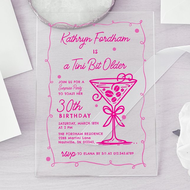 Invitations En Acrylique SURPRISE PARTY Pink Doodle Martini 30e anniversair (Créateur téléchargé)