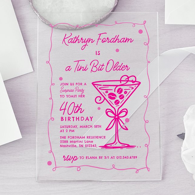 Invitations En Acrylique SURPRISE PARTY Pink Doodle Martini 40e anniversair (Créateur téléchargé)