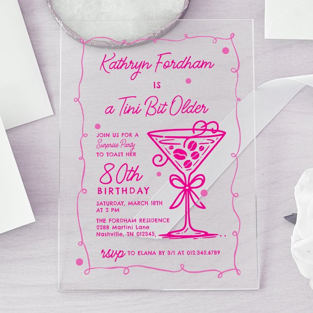 Invitations En Acrylique SURPRISE PARTY Pink Doodle Martini 80e anniversair (Créateur téléchargé)
