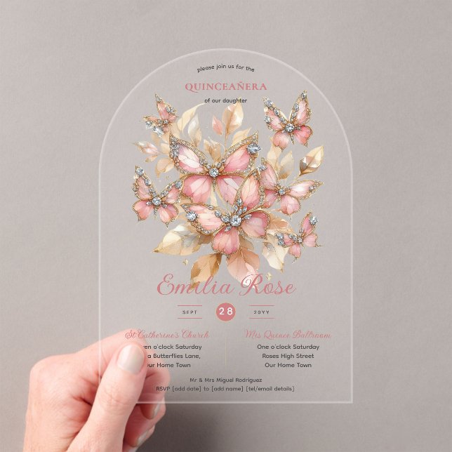 Invitations En Acrylique Sweet15 Papillons QUINCEANERA Blush Pink Diamond (In situ (ordinateur de poche))