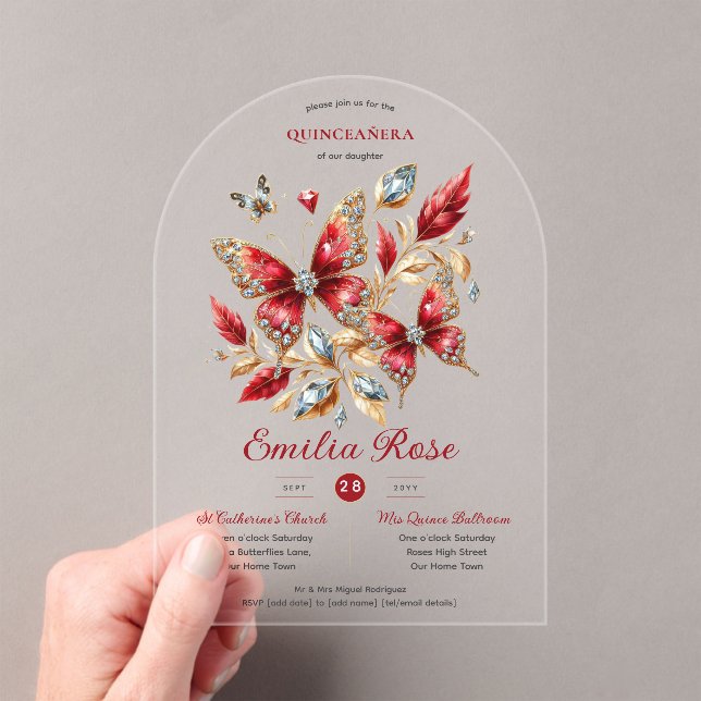 Invitations En Acrylique Sweet15 Papillons QUINCEANERA Carte Rouge Diamant (In situ (ordinateur de poche))