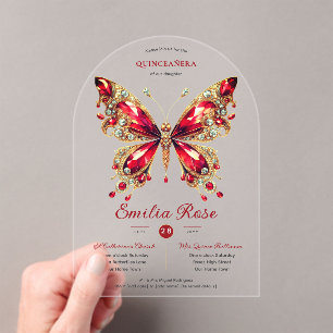 Invitations En Acrylique Sweet15 Papillons QUINCEANERA Carte Rouge Diamant