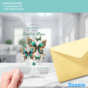 Invitations En Acrylique Sweet15 Papillons QUINCEANERA Emerald Green Gold