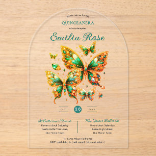 Invitations En Acrylique Sweet15 Papillons QUINCEANERA Emerald Green Gold