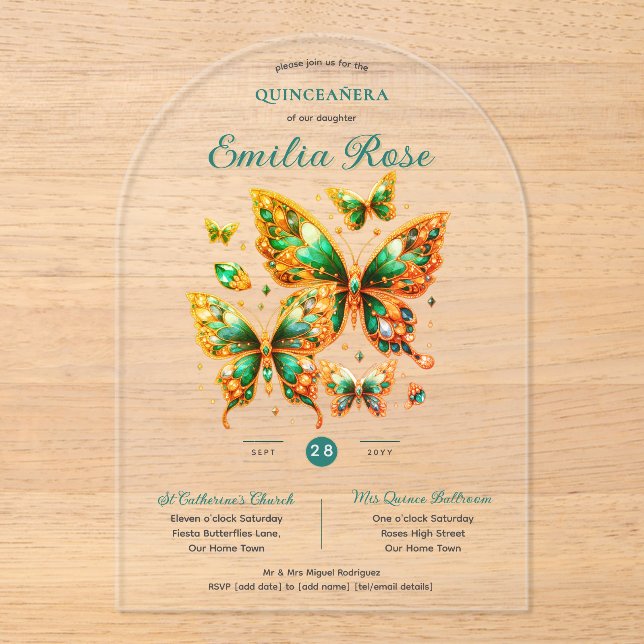 Invitations En Acrylique Sweet15 Papillons QUINCEANERA Emerald Green Gold (Recto)