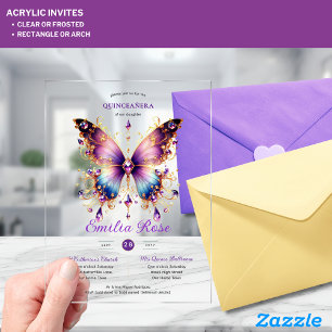 Invitations En Acrylique Sweet15 Papillons QUINCEANERA Purple Blue Gold