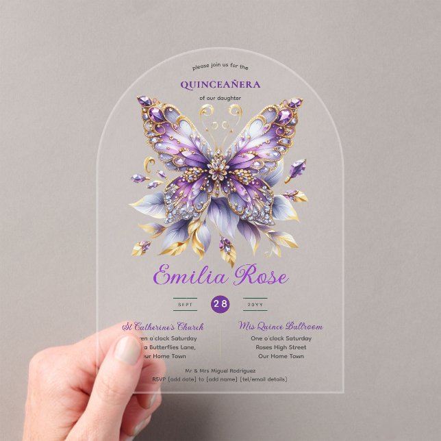 Invitations En Acrylique Sweet15 Papillons QUINCEANERA Purple Blue Gold (In situ (ordinateur de poche))