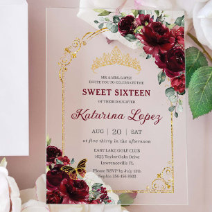 Invitations En Acrylique Sweet 16 15 Quinceanera Bourgogne Arc Floral Or