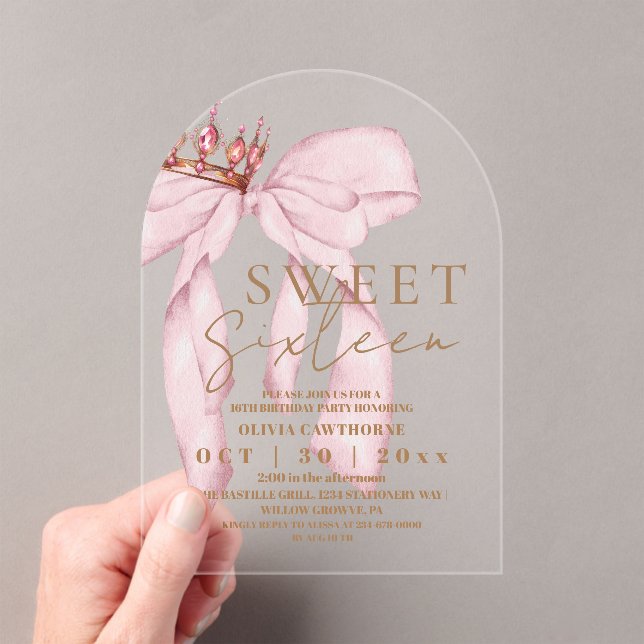 Invitations En Acrylique  Sweet 16 Gold and Blush Pink Bow Birthday  (In situ (ordinateur de poche))