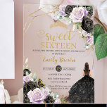 Invitations En Acrylique Sweet 16 Seize Robe Noire Lilac Or Floral<br><div class="desc">Ajoutez une touche d'élégance à votre occasion spéciale avec nos luxueuses roses lilas noir et violet acrylique à fleurs Sweet 16 invitations d'anniversaire, avec une fille en robe brillante noire, une couronne princesse d'or, papillon et des accents d'or raffiné. Ces invitations préparent le terrain pour un événement inoubliable. Personnalisez votre...</div>
