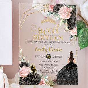 Invitations En Acrylique Sweet 16 Seize Robe Noire Rose Floral Or