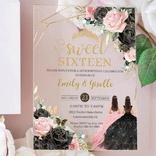 Invitations En Acrylique Sweet 16 Seize Robe Noire Rose Floral Or Twin