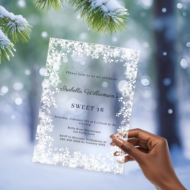 Invitations En Acrylique Sweet 16 white snowflakes winter party frosted (Créateur téléchargé)