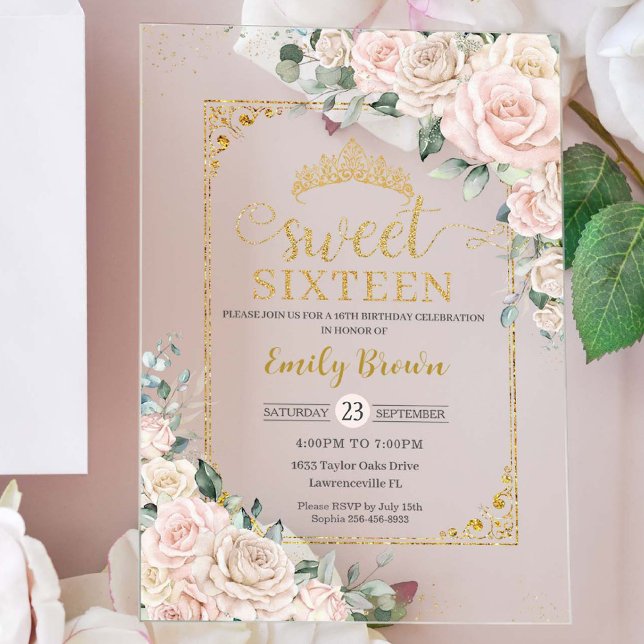 Invitations En Acrylique Sweet sixteen Champagne Blush ivoire Or Floral (Créateur téléchargé)