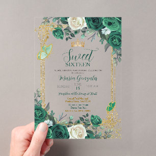 Invitations En Acrylique Sweet Sixteen Émeraude Verte & Or Anniversaire