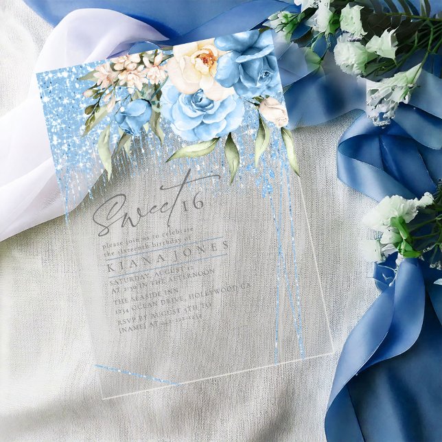 Invitations En Acrylique Sweet sixteen floral étincelants bleu ID912 (Créateur téléchargé)