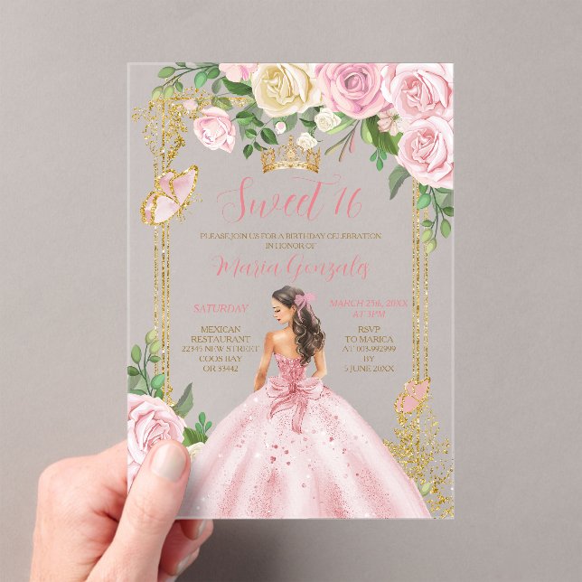 Invitations En Acrylique Sweet Sixteen Soft Blush Pink Crown Gold Birthday (In situ (ordinateur de poche))