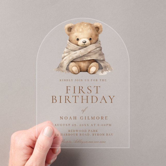 Invitations En Acrylique Sweet Teddy Bear 1er fête d'anniversaire (In situ (ordinateur de poche))