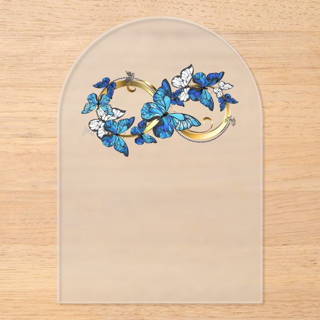 Invitations En Acrylique Symbole infini de papillons Morpho bleus (Recto)