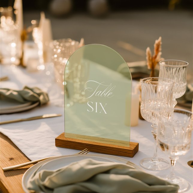 Invitations En Acrylique Table de mariage numéro six en acrylique vert saug (Arch Acrylic Sage Green Wedding Table Six Number Invitations)