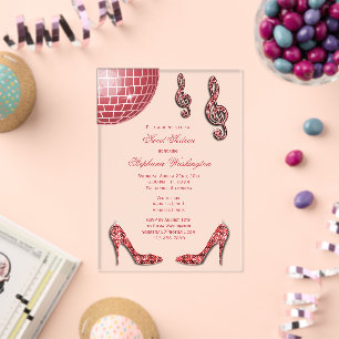 Invitations En Acrylique Talons scintillants et boule disco rouge Sweet 16