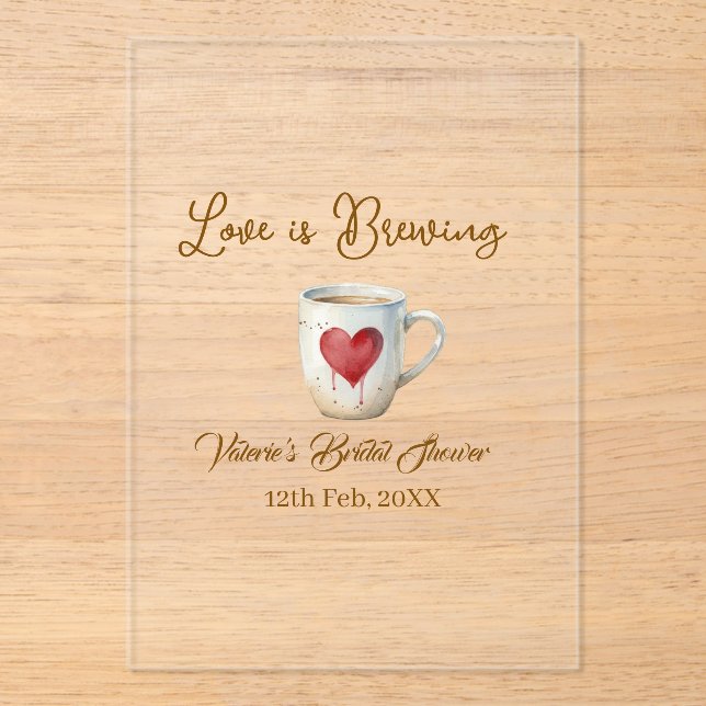 Invitations En Acrylique Tasse de café blanc Love is Brewing cœur mariage (Recto)