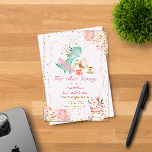 Invitations En Acrylique Tea-Rex Tutu Party Dinosaur fille rose 3e annivers