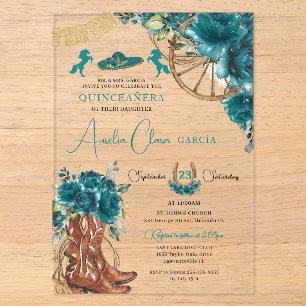 Invitations En Acrylique Teal Bleu Vert Floral Charro Western Quinceanera 